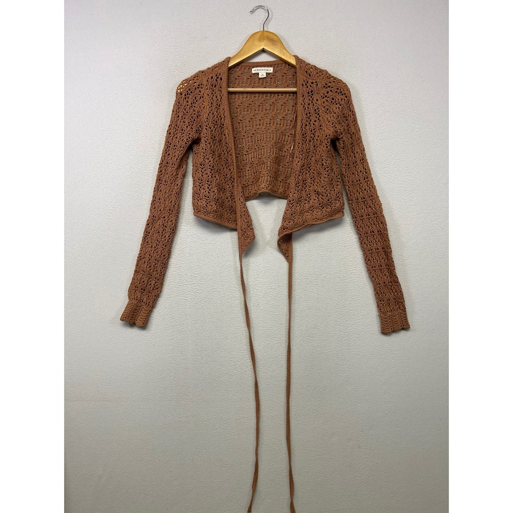 Boho Cottagecore Aeropostale Womens XS Brown Crochet Tie Front Cropped Cardigan